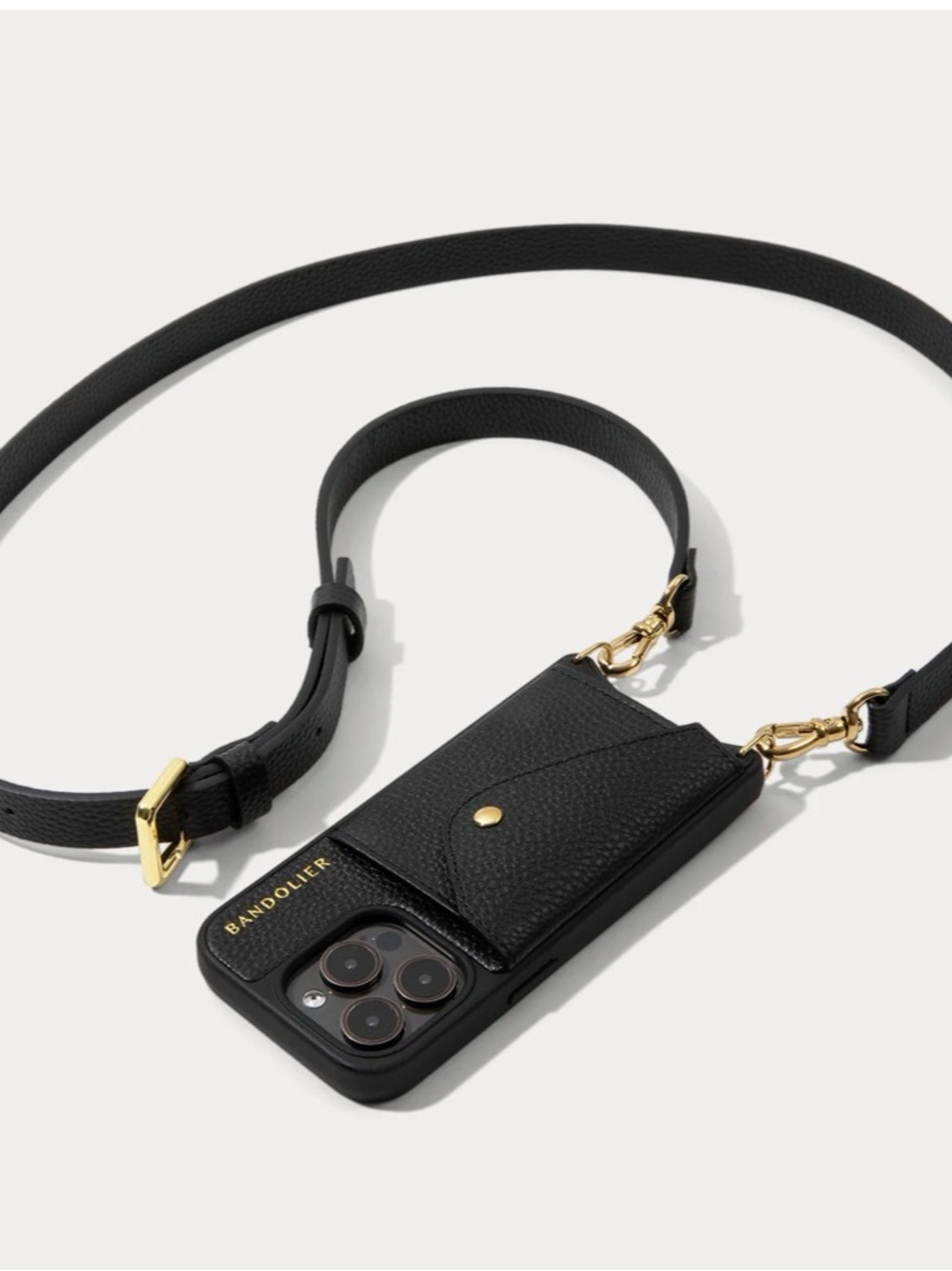 Bandolier Black Leather iPhone Crossbody Wallet with chain - 14 Pro